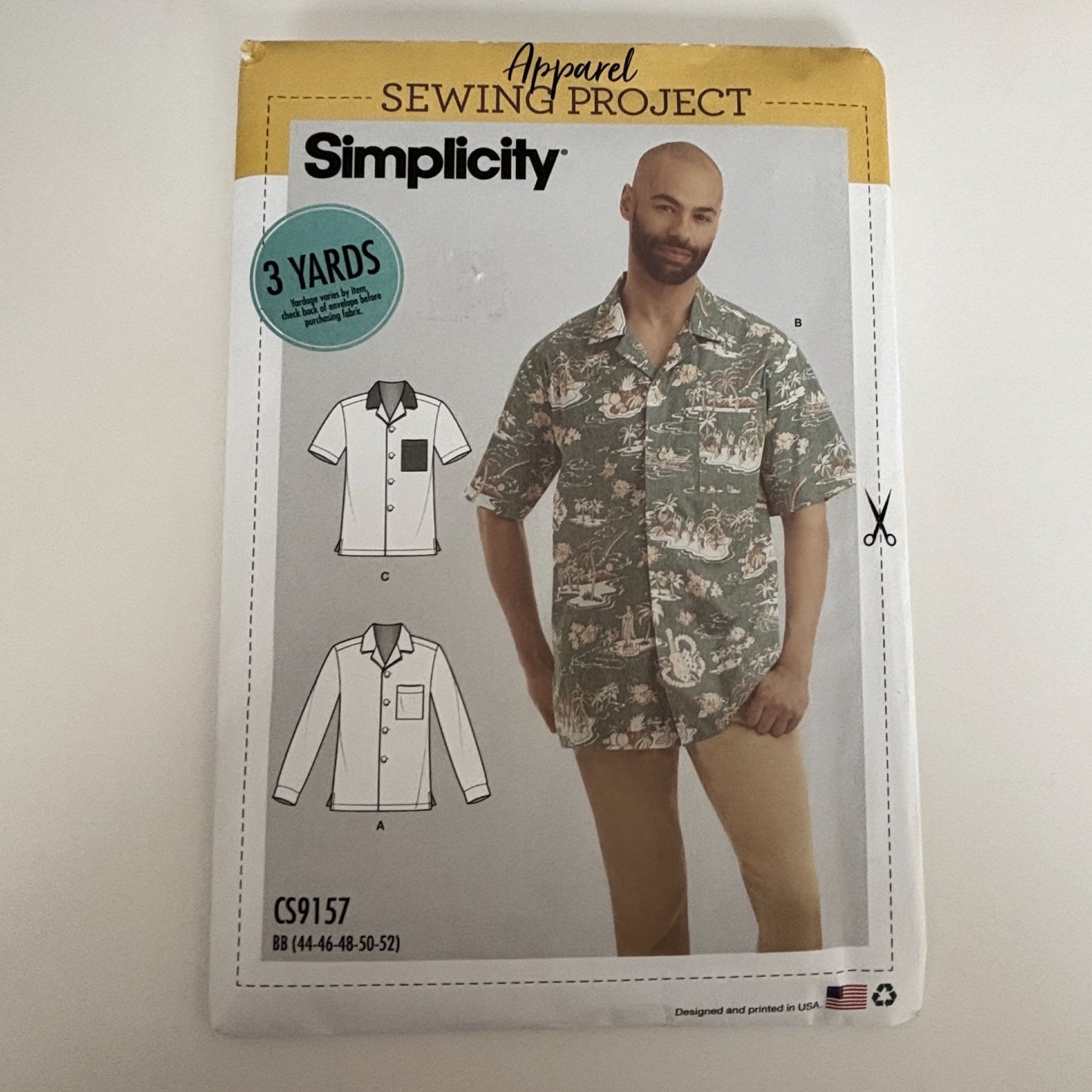 Simplicity CS9157 Mens Shirt Sewing Pattern 44-52 Open Collar Long/Short Sleeves Contrast Variation