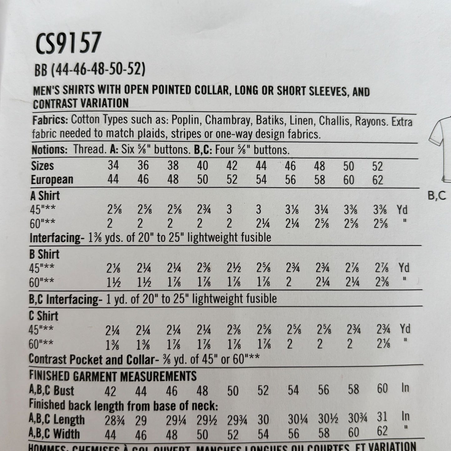 Simplicity CS9157 Mens Shirt Sewing Pattern 44-52 Open Collar Long/Short Sleeves Contrast Variation