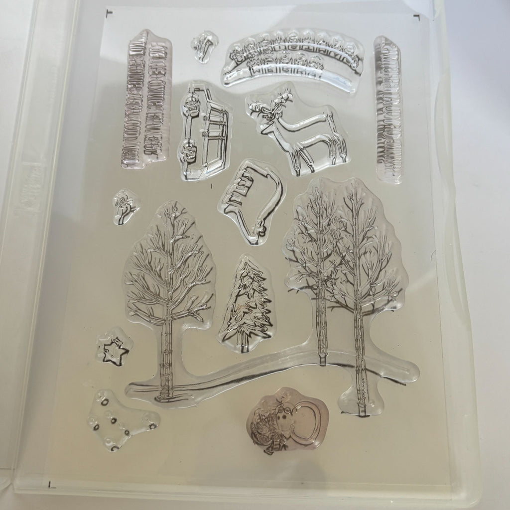 Stampin Up White Christmas Stamp Set Tree on Car Deer Bear Bare Tree Landscape