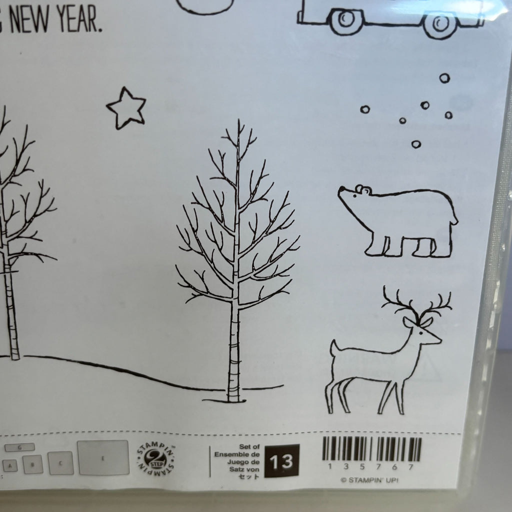 Stampin Up White Christmas Stamp Set Tree on Car Deer Bear Bare Tree Landscape