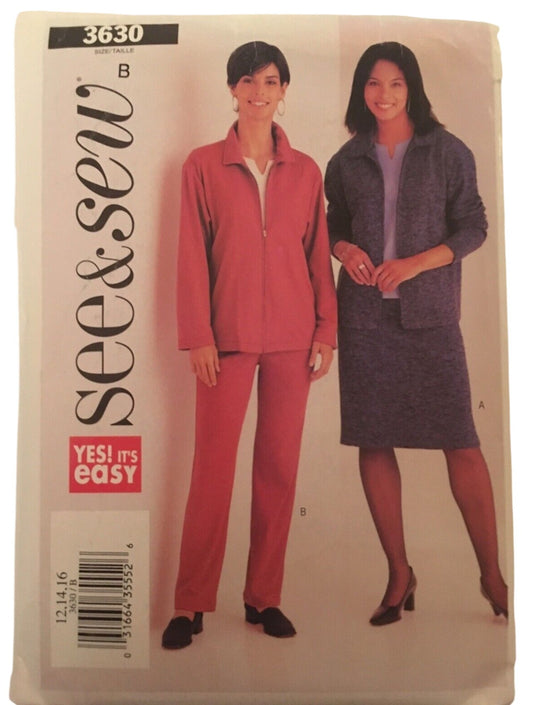 Butterick Sewing Pattern 3630 Jacket Skirt Pants Y2K 2002 Work 12 14 16 Uncut