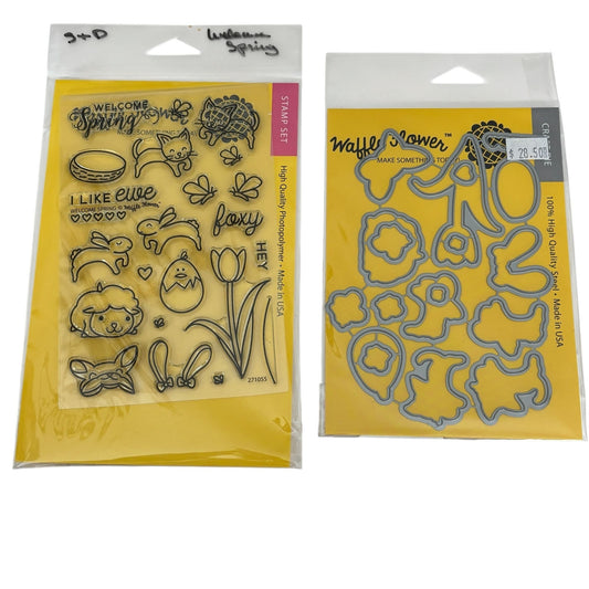 Waffle Flower Clear Stamps Die Set Welcome Spring Animal Chick Lamb Cat Easter