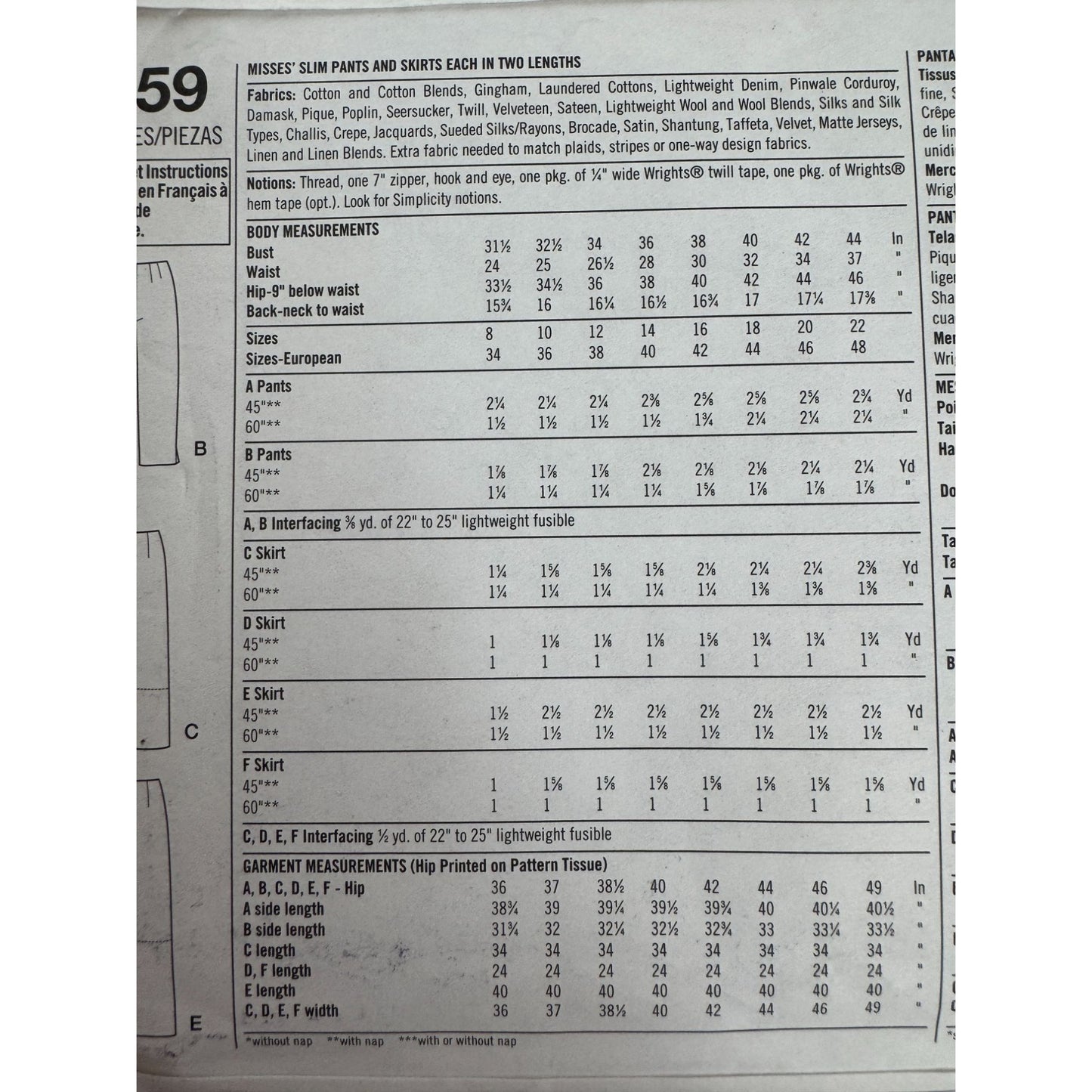 Simplicity Sewing Pattern 5259 Slim Pants Skirts Work Career Easy UC 8 10 12 14