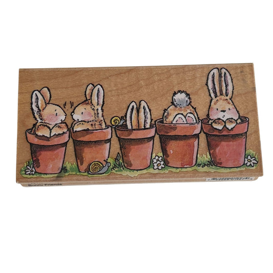 Penny Black Rubber Stamp Bunny Friends Rabbits in Plant Pots Garden Card Making