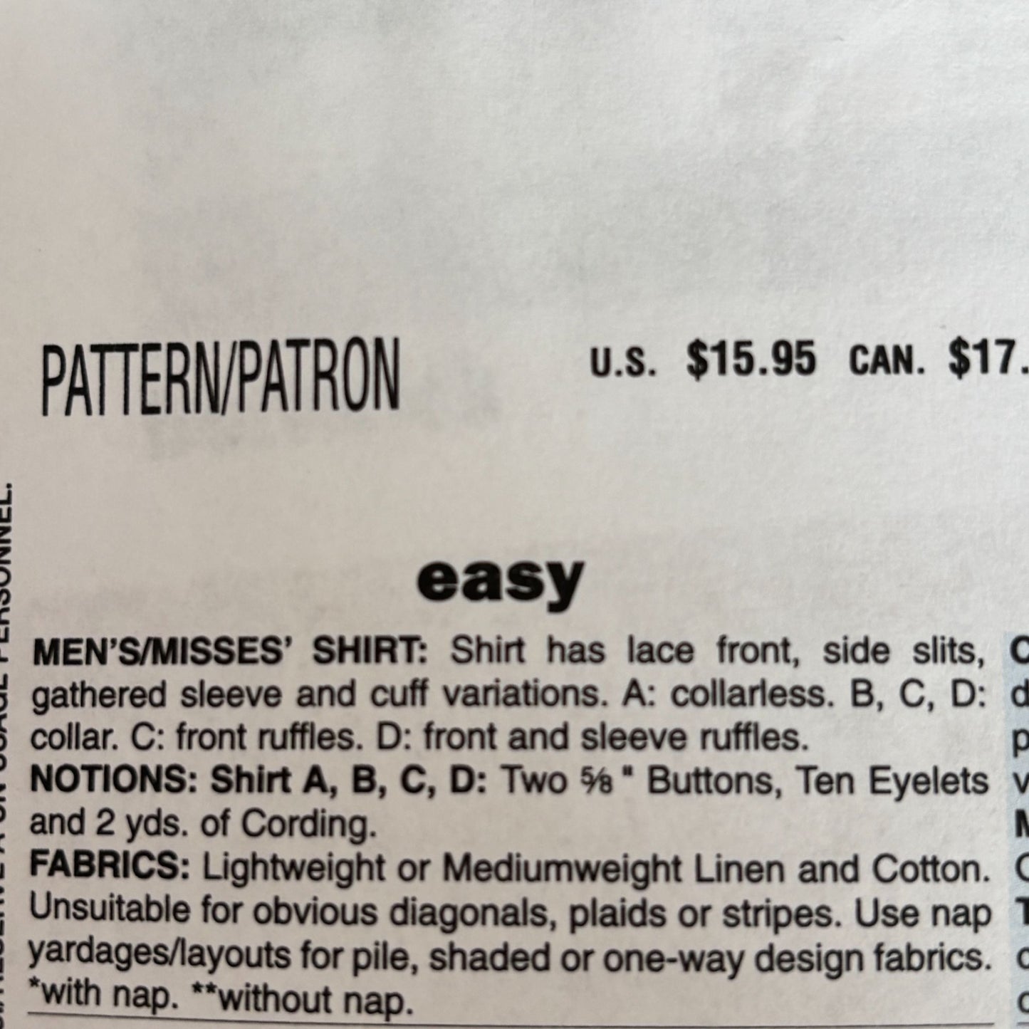 Butterick Sewing Pattern B4486 Renaissance Shirt Pirate Costume Easy S M L Uncut