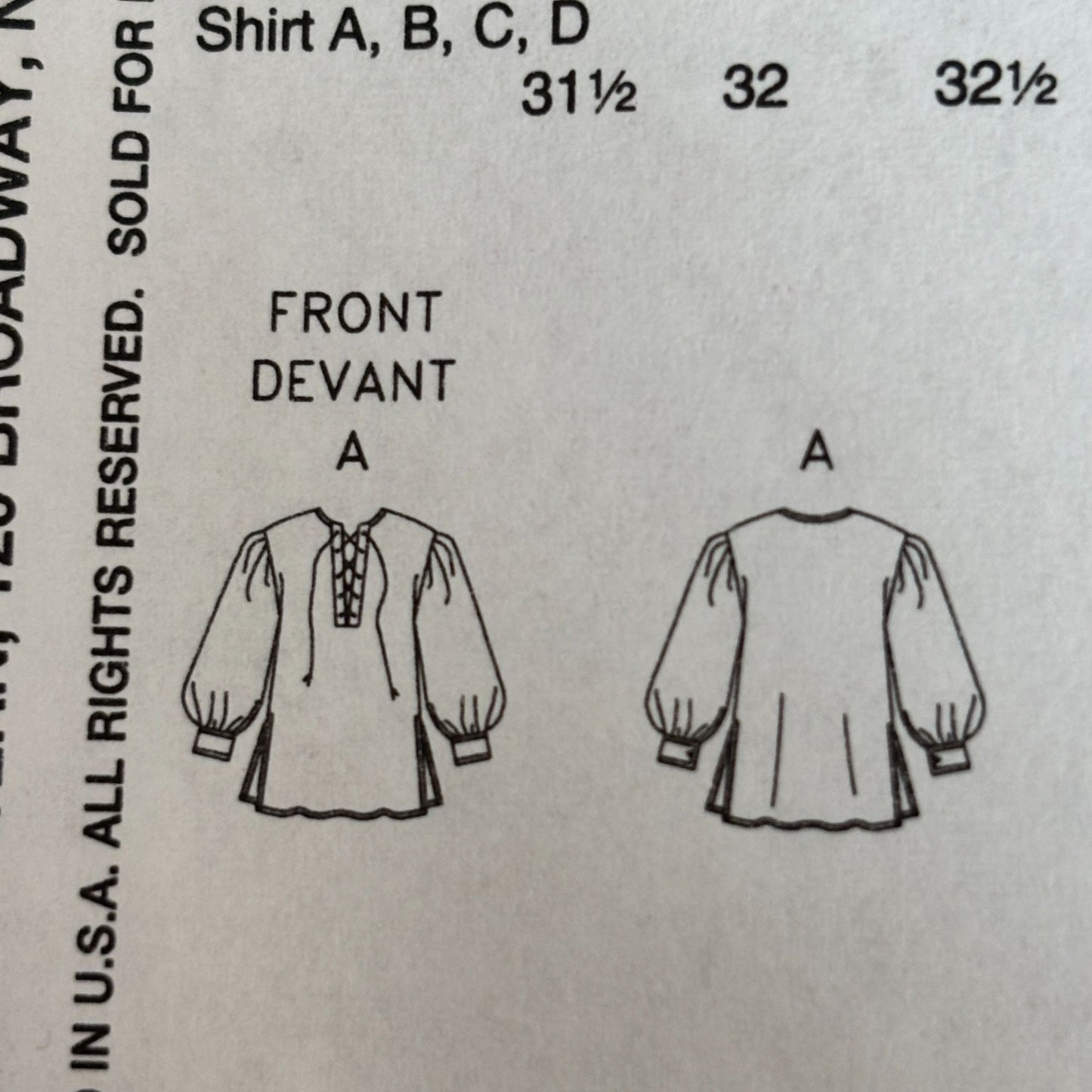 Butterick Sewing Pattern B4486 Renaissance Shirt Pirate Costume Easy S M L Uncut