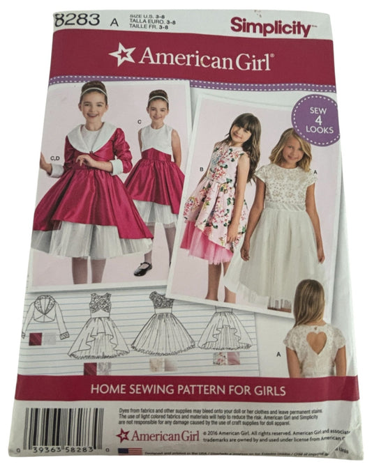 Simplicity Sewing Pattern 8283 American Girl Party Dress Jacket Christmas Sz 3-8
