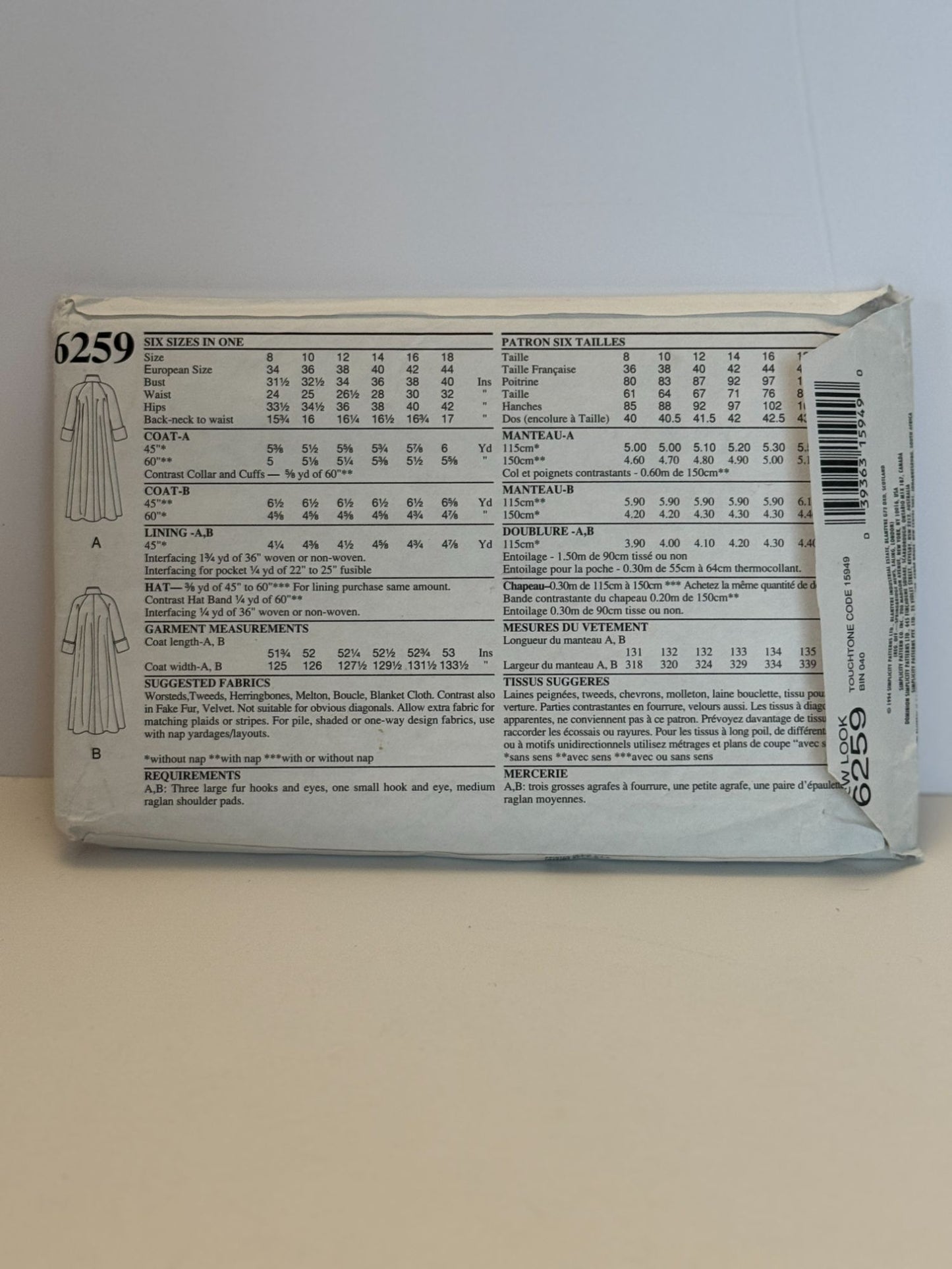 New Look Sewing Pattern 6259 Swing Coat Full Length Winter 6-18 Simplicity Uncut