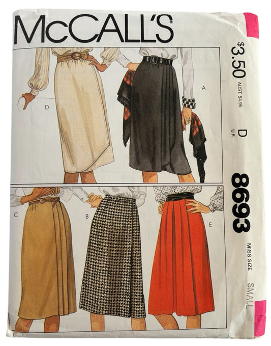 McCalls Sewing Pattern 8693 Misses Wrap Skirt Pleats Work 1980s Small 10 12 UC