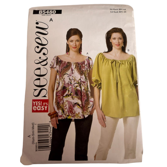 Butterick Sewing Pattern B5480 Peasant Top Boho Blouse XS-M 4-14 Uncut Easy 2010