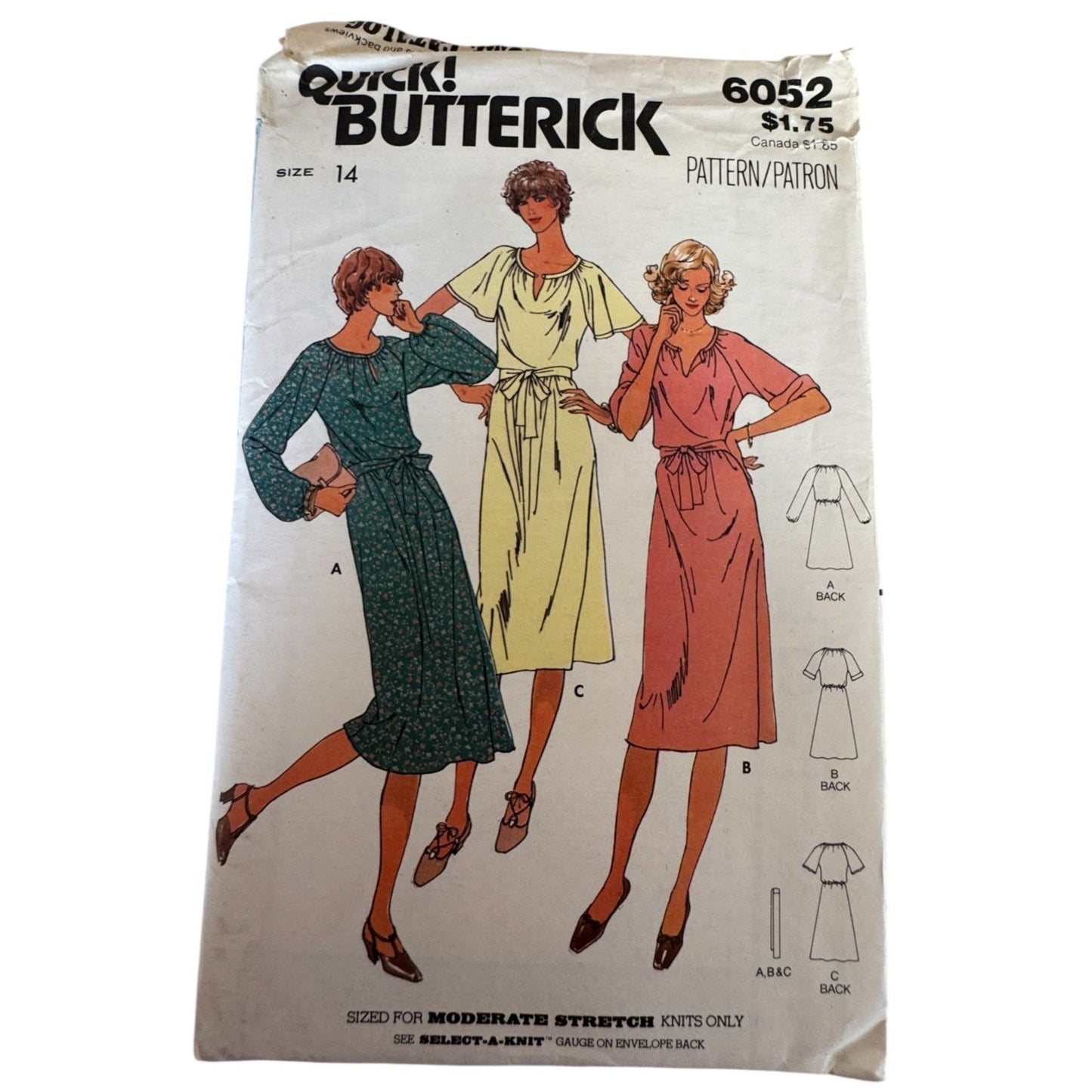 Vintage 80s Knit Dress Sewing Pattern Butterick 6052 Elastic Waist Easy 14 Uncut