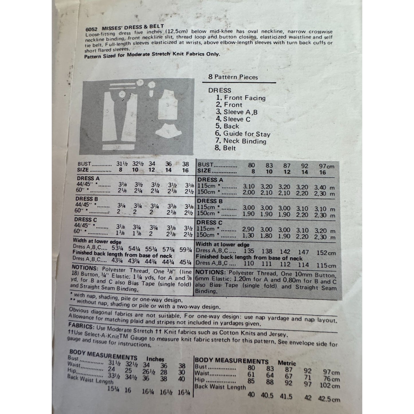 Vintage 80s Knit Dress Sewing Pattern Butterick 6052 Elastic Waist Easy 14 Uncut