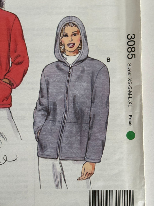 Kwik Sew Pattern 3085 Misses Fleece Jackets Winter Outerwear Front Zipper XS-XL