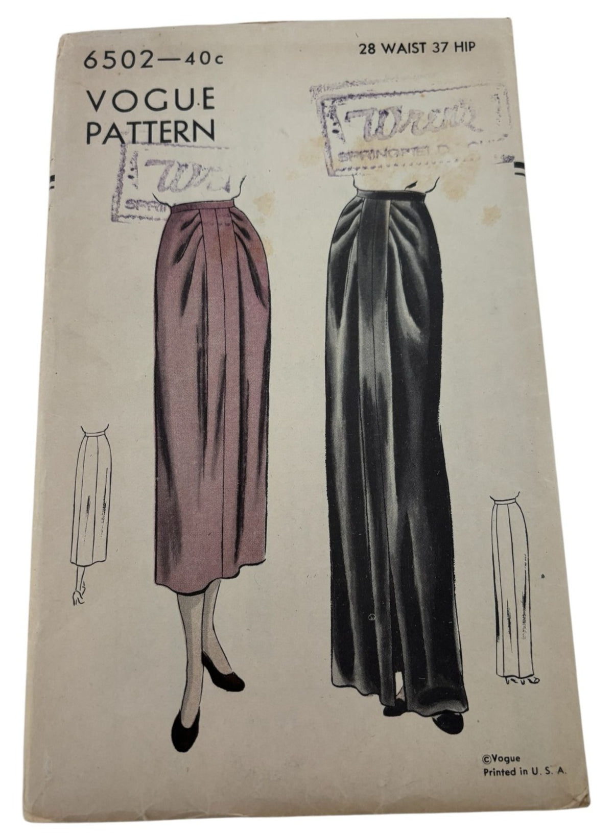 Vogue Sewing Pattern 6502 Vintage Skirt 28 Inch Waist 1948 1940s