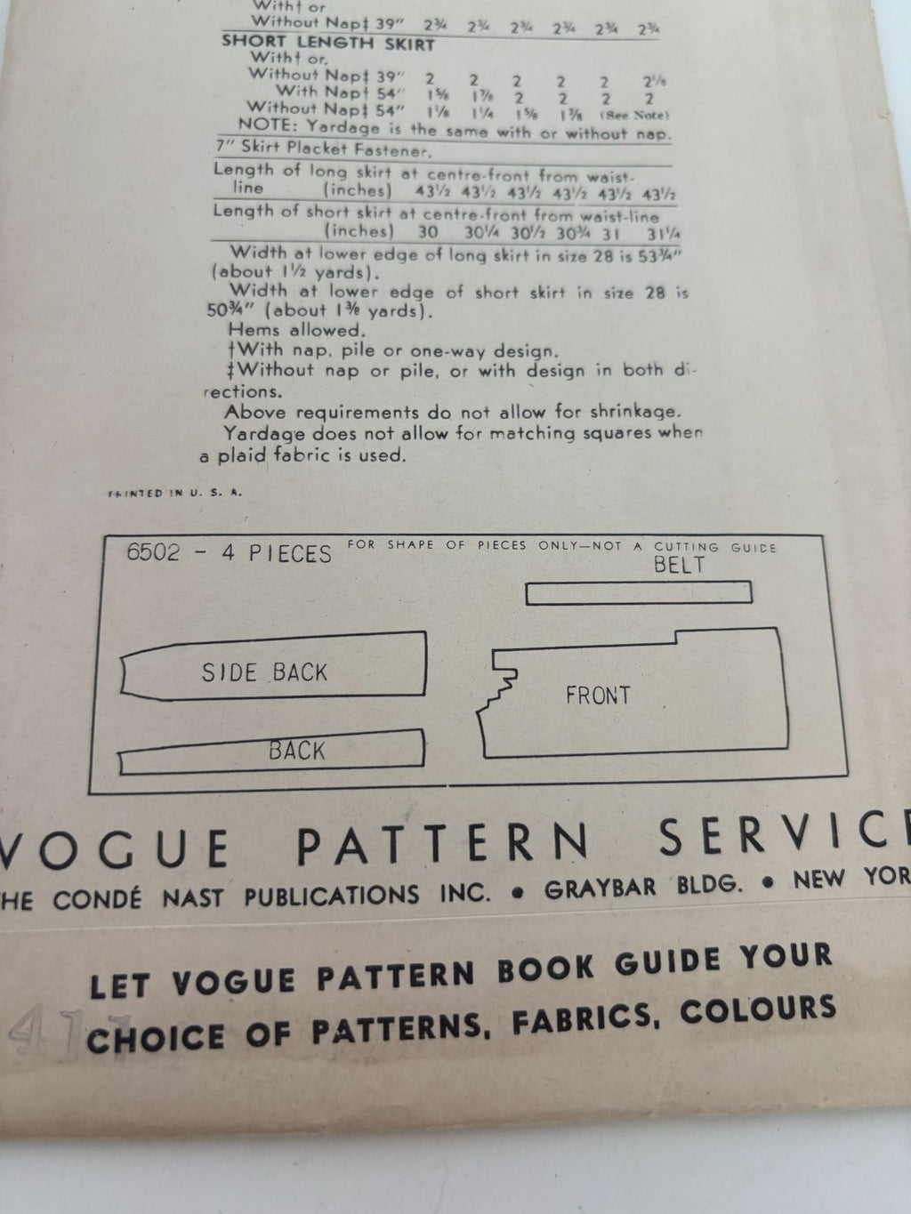 Vogue Sewing Pattern 6502 Vintage Skirt 28 Inch Waist 1948 1940s