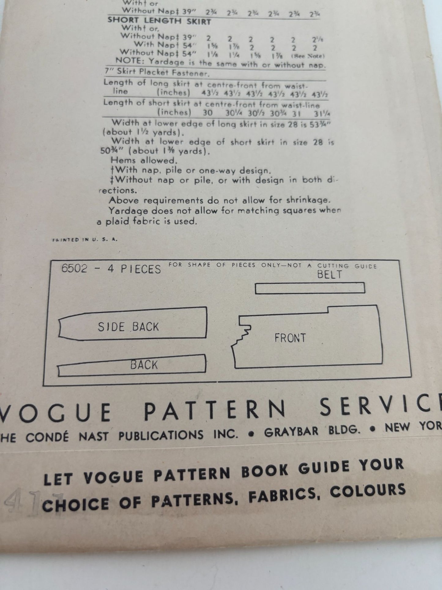 Vogue Sewing Pattern 6502 Vintage Skirt 28 Inch Waist 1948 1940s