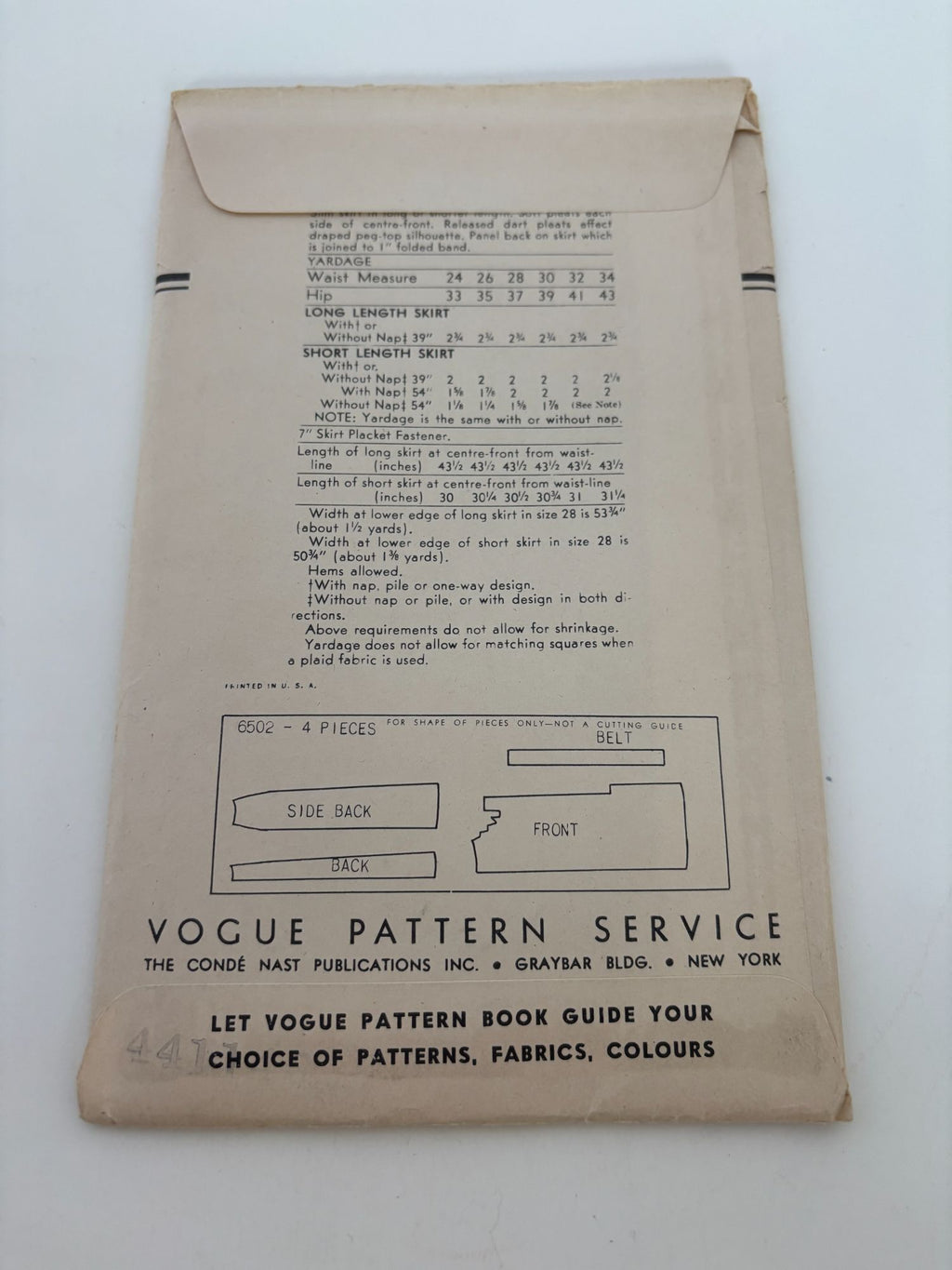 Vogue Sewing Pattern 6502 Vintage Skirt 28 Inch Waist 1948 1940s