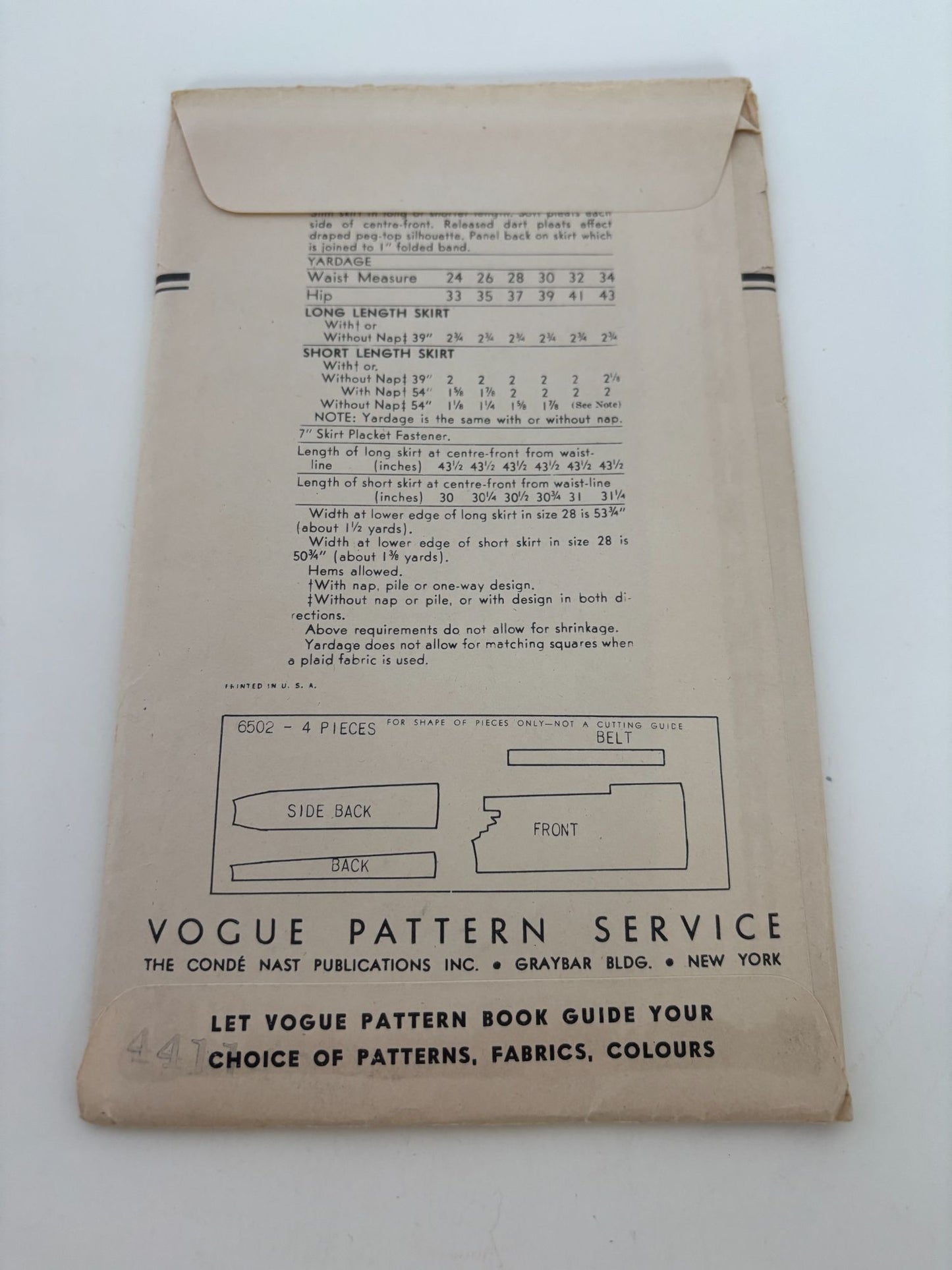 Vogue Sewing Pattern 6502 Vintage Skirt 28 Inch Waist 1948 1940s