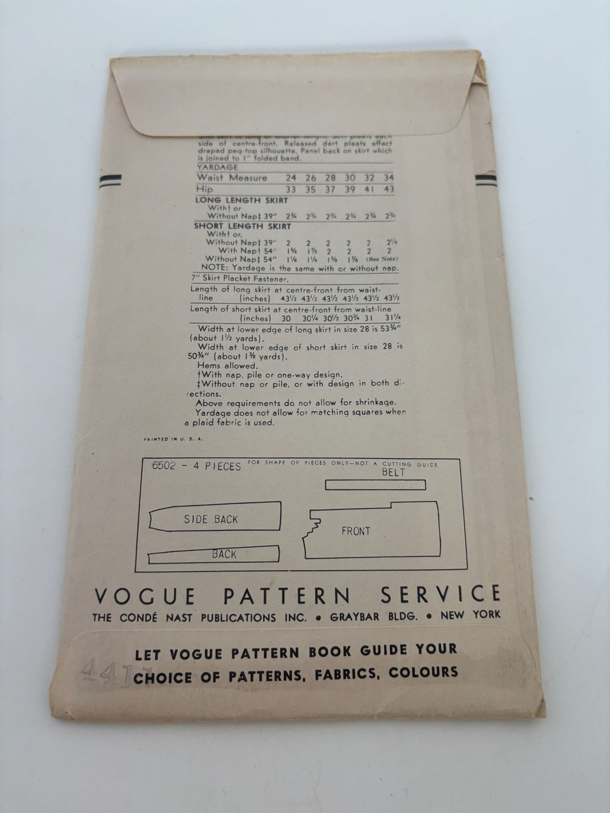 Vogue Sewing Pattern 6502 Vintage Skirt 28 Inch Waist 1948 1940s