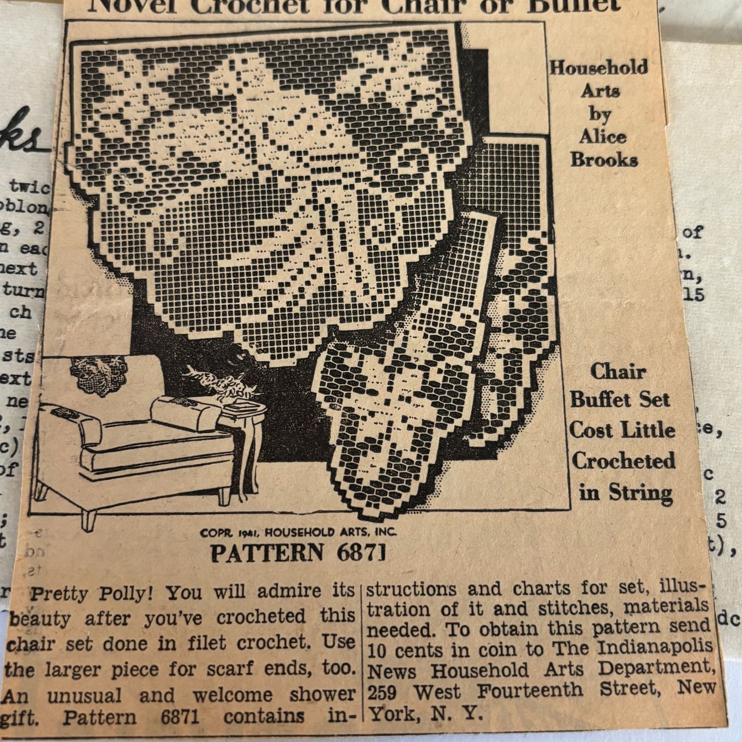 Vintage Crochet Pattern 6871 Alice Brooks Parrot Chair 1940s Filet Mail Order Newspaper