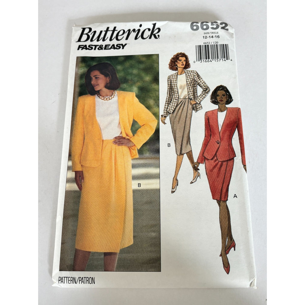 Butterick Sewing Pattern 6652 90s Power Suit Jacket Skirt Set Easy 12-16 Uncut