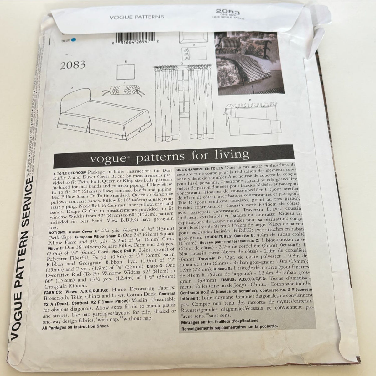 Vogue Sewing Pattern 2083 Waverly Toile Bedding Grandmillennial English Country Decor Bedroom
