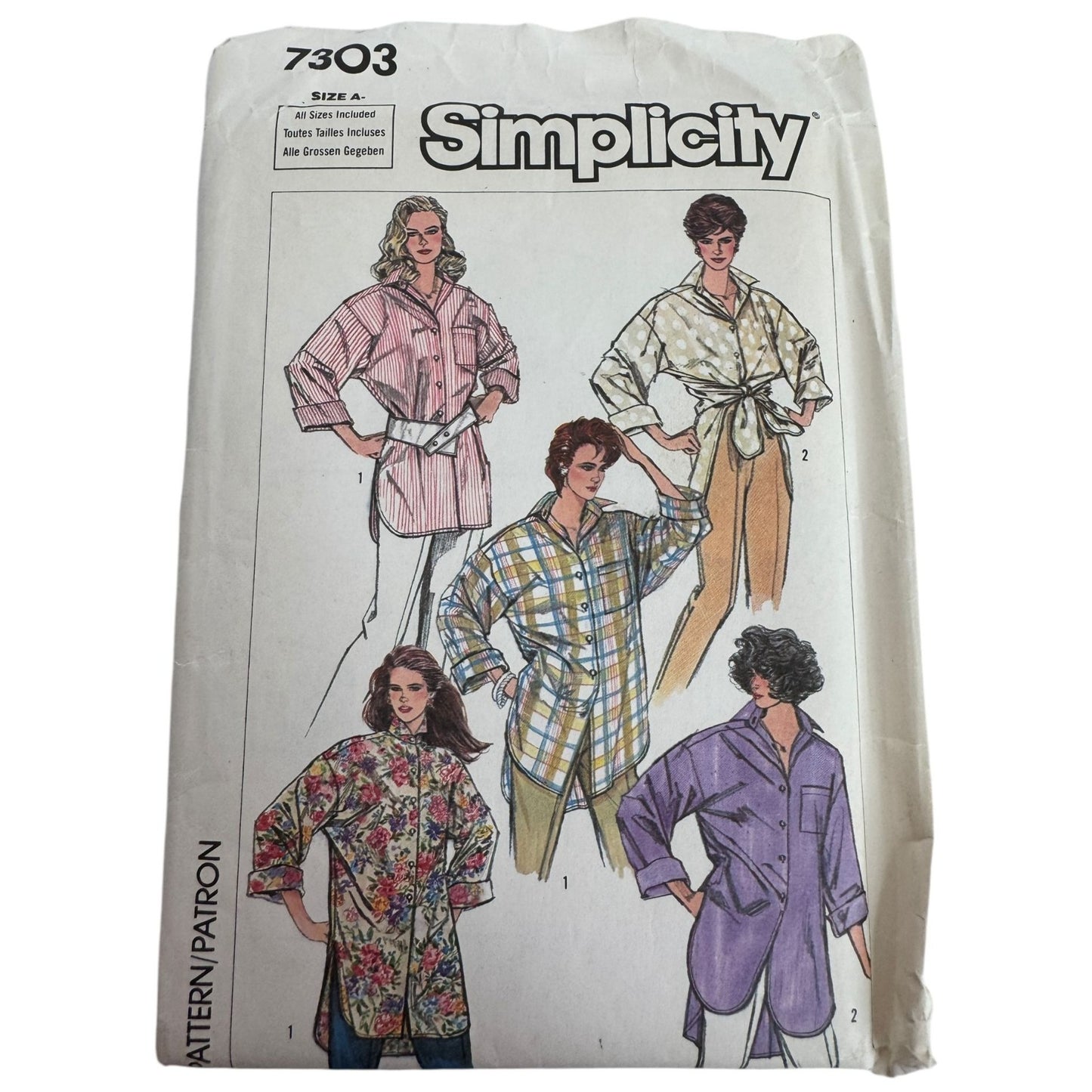Simplicity Sewing Pattern 7303 Oversized Front Button Shirt Easy to Sew UC 1980s