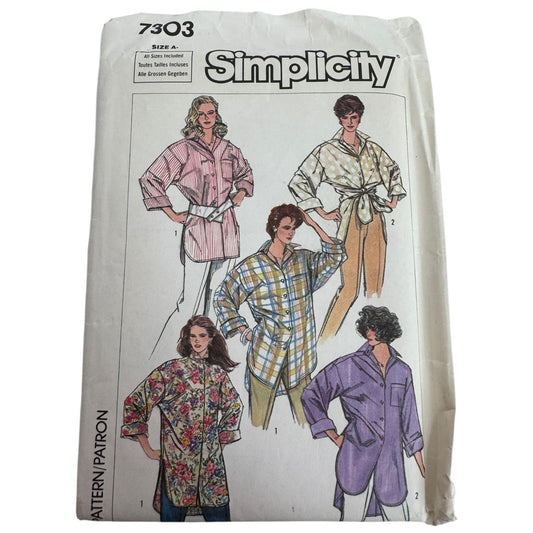 Simplicity Sewing Pattern 7303 Oversized Front Button Shirt Easy to Sew UC 1980s