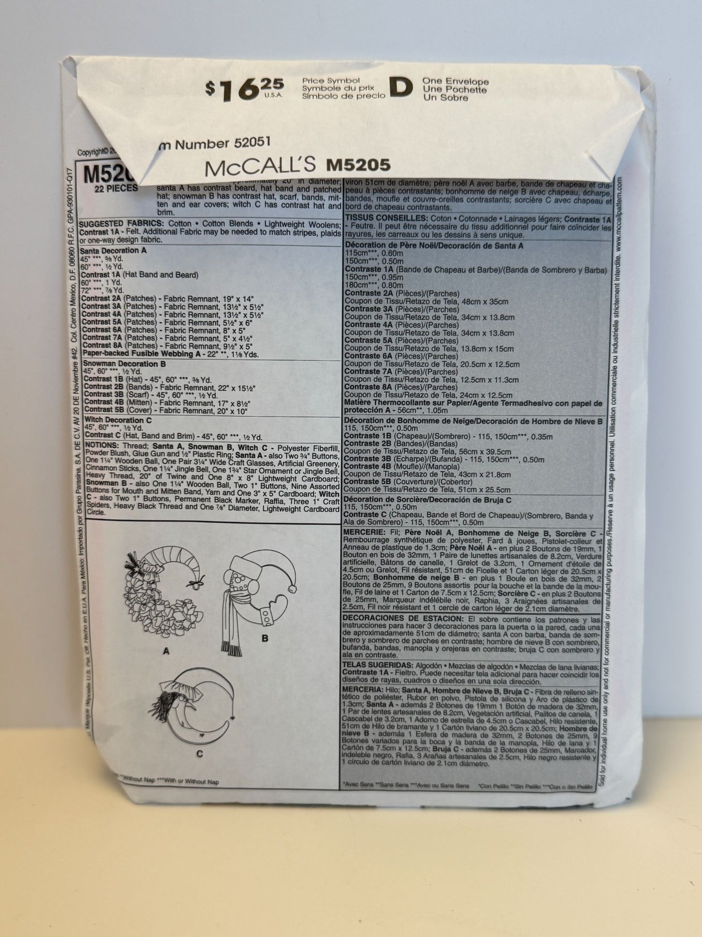 McCalls Sewing Pattern M5205 Christmas Santa Door Wreath Halloween Witch Moon UC