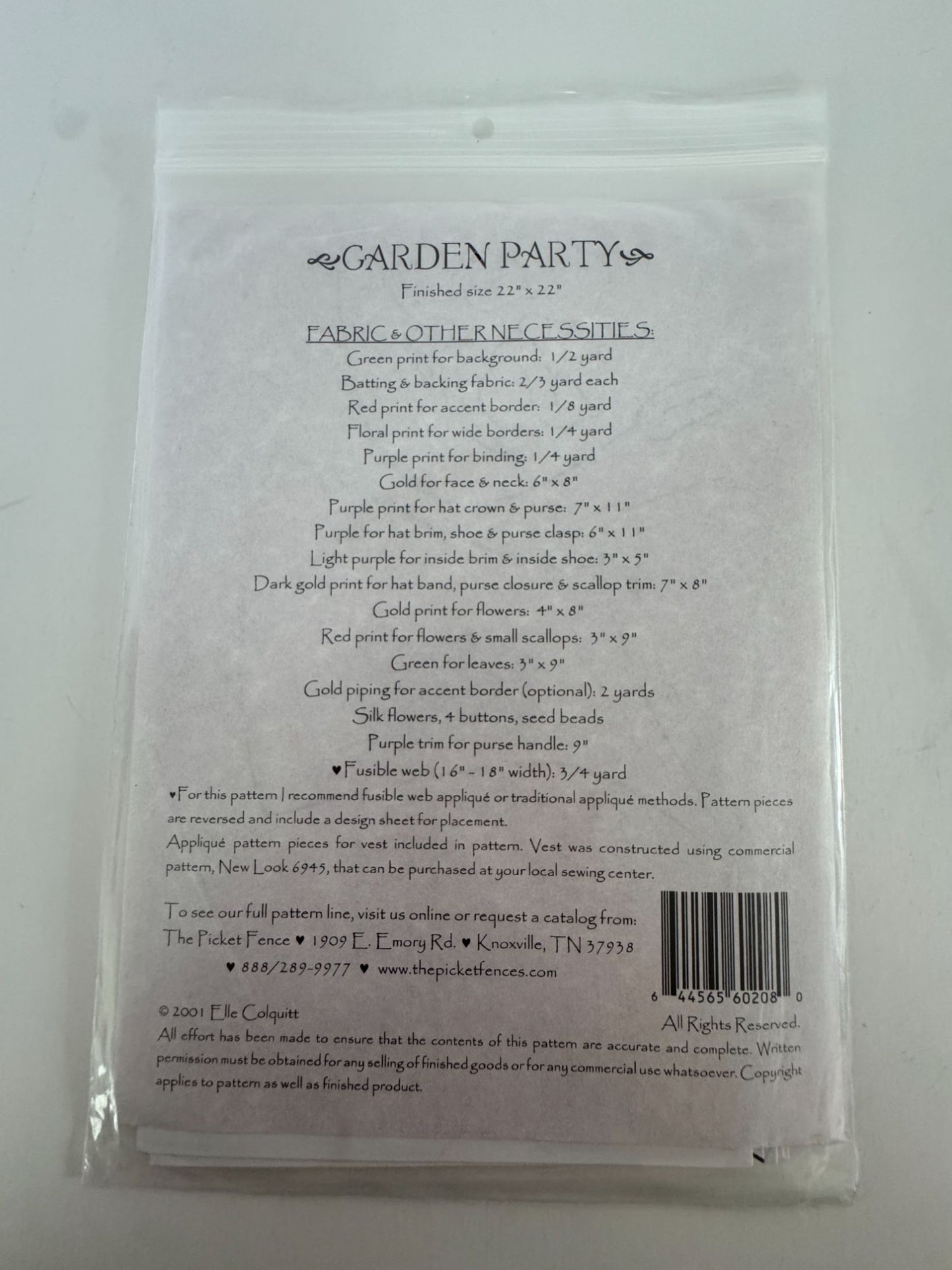 The Picket Fence Quilt and Embroidery Pattern Garden Party Wall Hanging Fashion