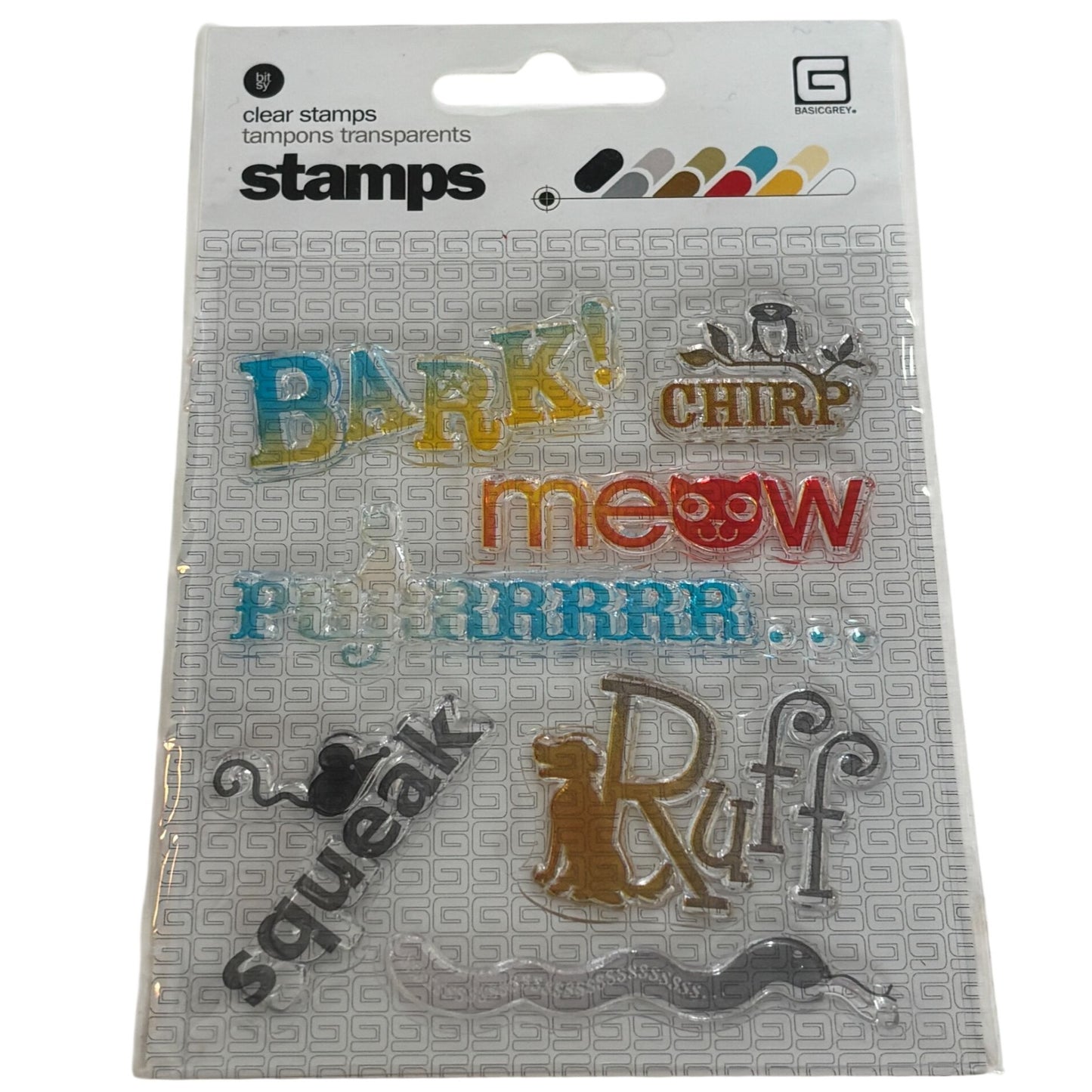 BasicGrey Bitsy Clear Stamps Set Animal Sound Bark Meow Chirp Squeak Pet Dog Cat Bird Snake