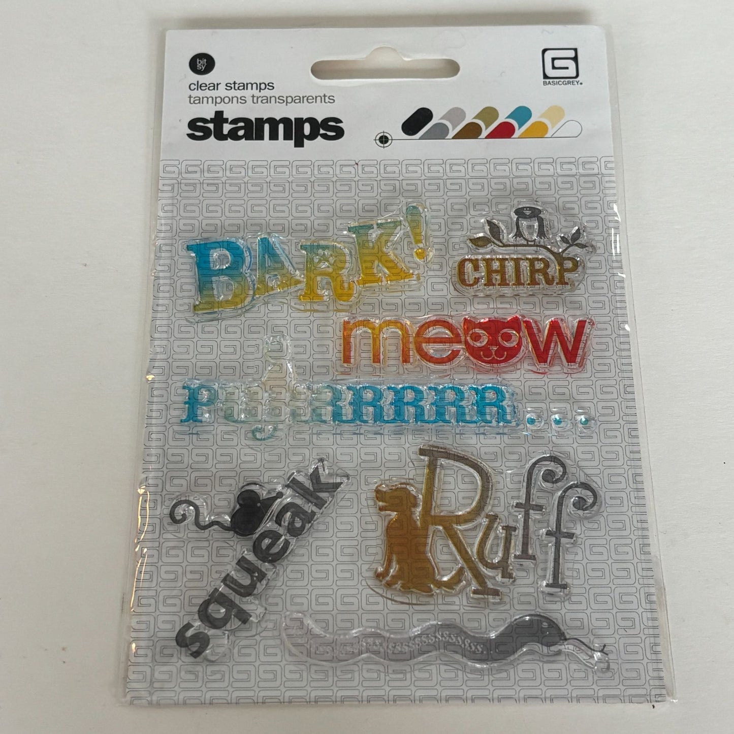 BasicGrey Bitsy Clear Stamps Set Animal Sound Bark Meow Chirp Squeak Pet Dog Cat Bird Snake