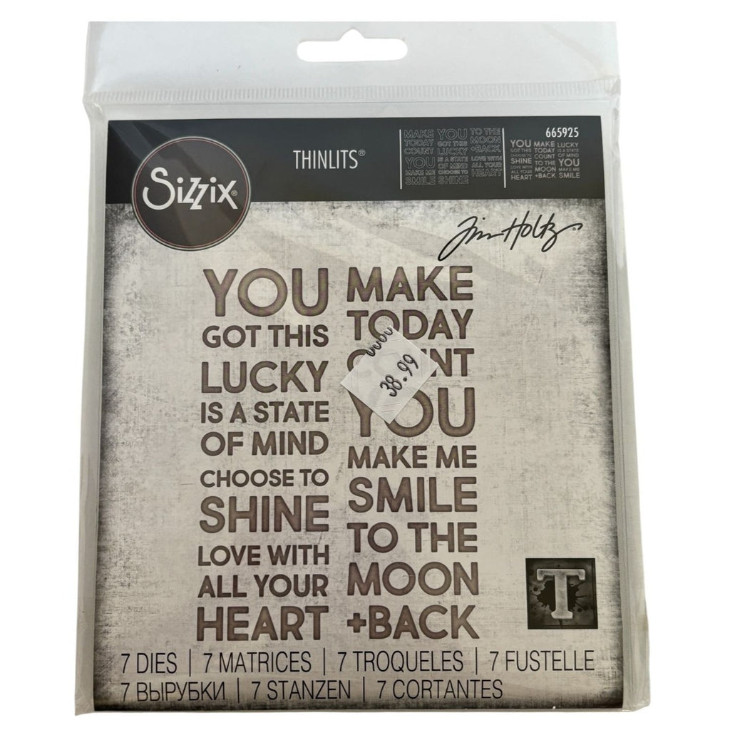Tim Holtz Sizzix Thinlits Bold Text Lucky 7 Dies Sentiments Inspirational Words