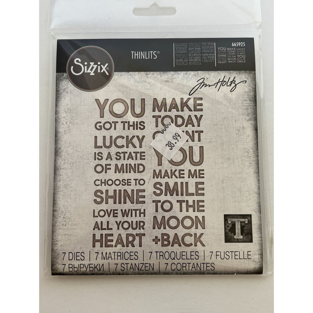 Tim Holtz Sizzix Thinlits Bold Text Lucky 7 Dies Sentiments Inspirational Words