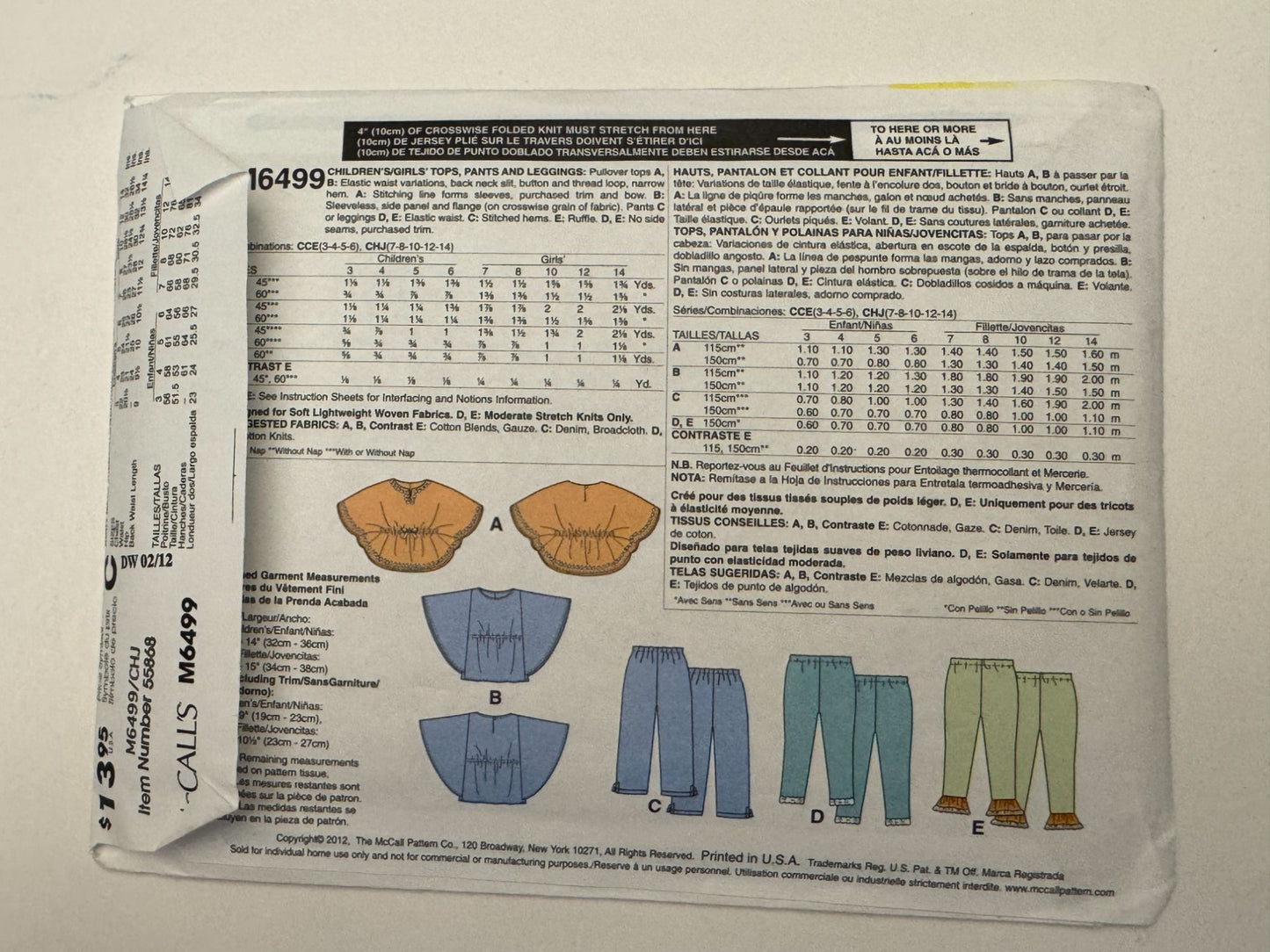 McCalls Sewing Pattern M6499 Girls Tops Pants Leggings Easy 7 8 10 12 14 Summer