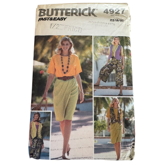 Butterick Sewing Pattern 4927 Vintage 90s Resort Wear Outfit Vest Top Skirt Culottes Tropical Vacation 12-16 Uncut