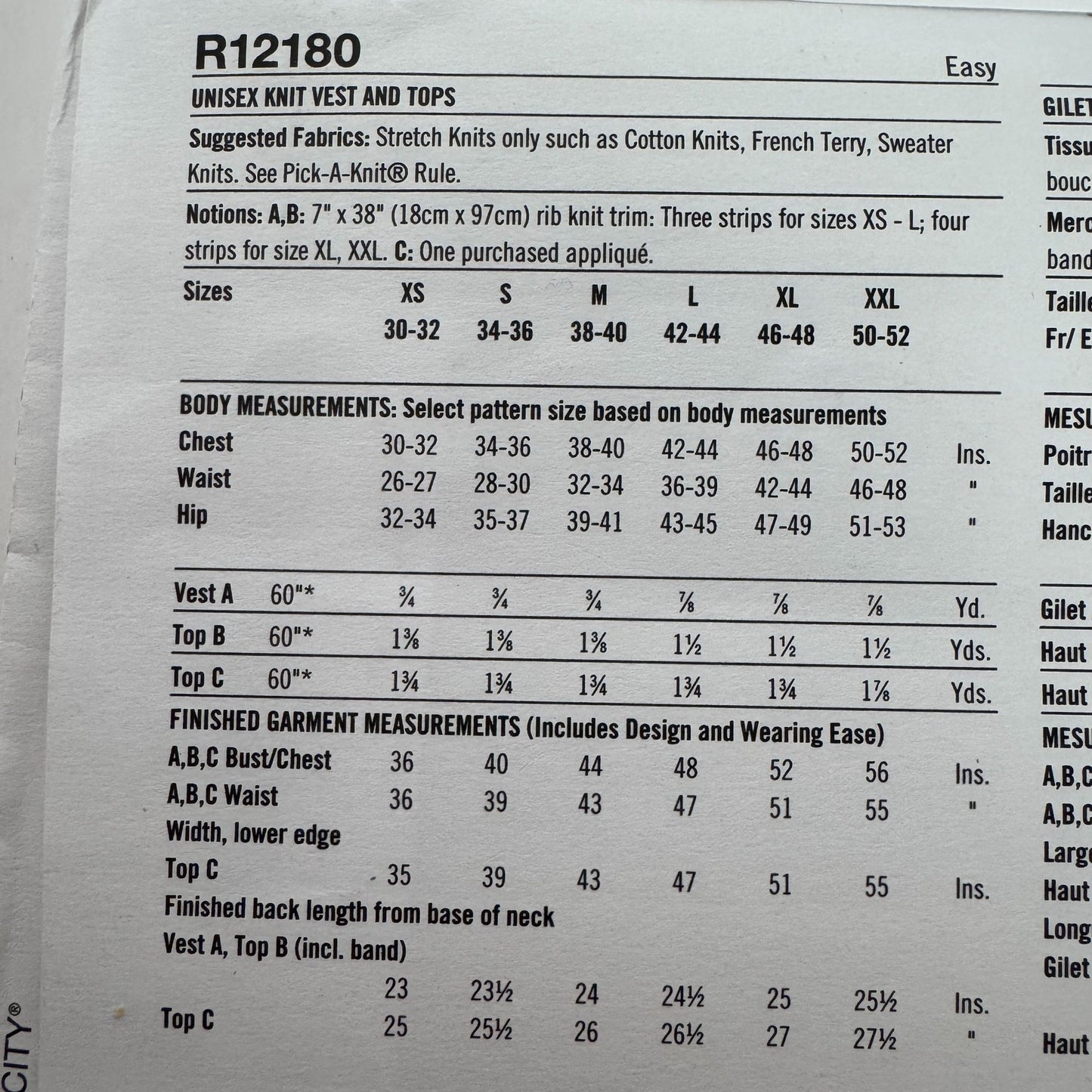 Simplicity Sewing Pattern R12180 Knit Vest and Tops Fall Easy Unisex XS-XXL UC