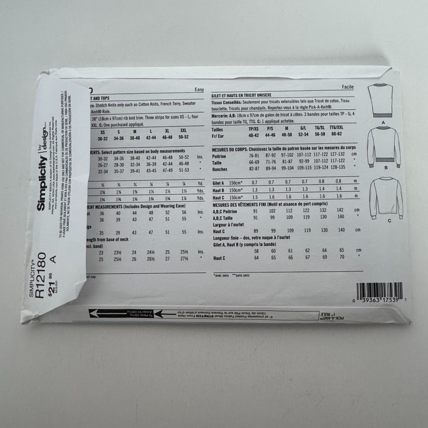 Simplicity Sewing Pattern R12180 Knit Vest and Tops Fall Easy Unisex XS-XXL UC