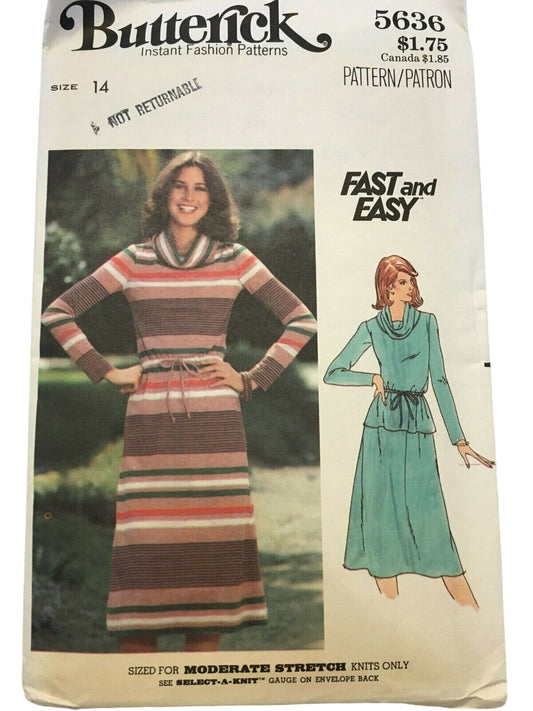 Butterick Sewing Pattern 5636 Vintage Sweater Dress Top Skirt 1970s Cowl Neck 14
