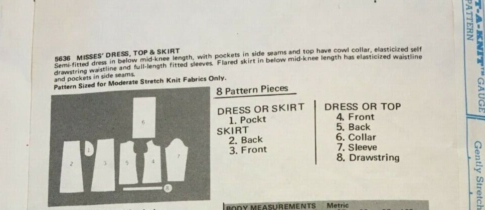 Butterick Sewing Pattern 5636 Vintage Sweater Dress Top Skirt 1970s Cowl Neck 14
