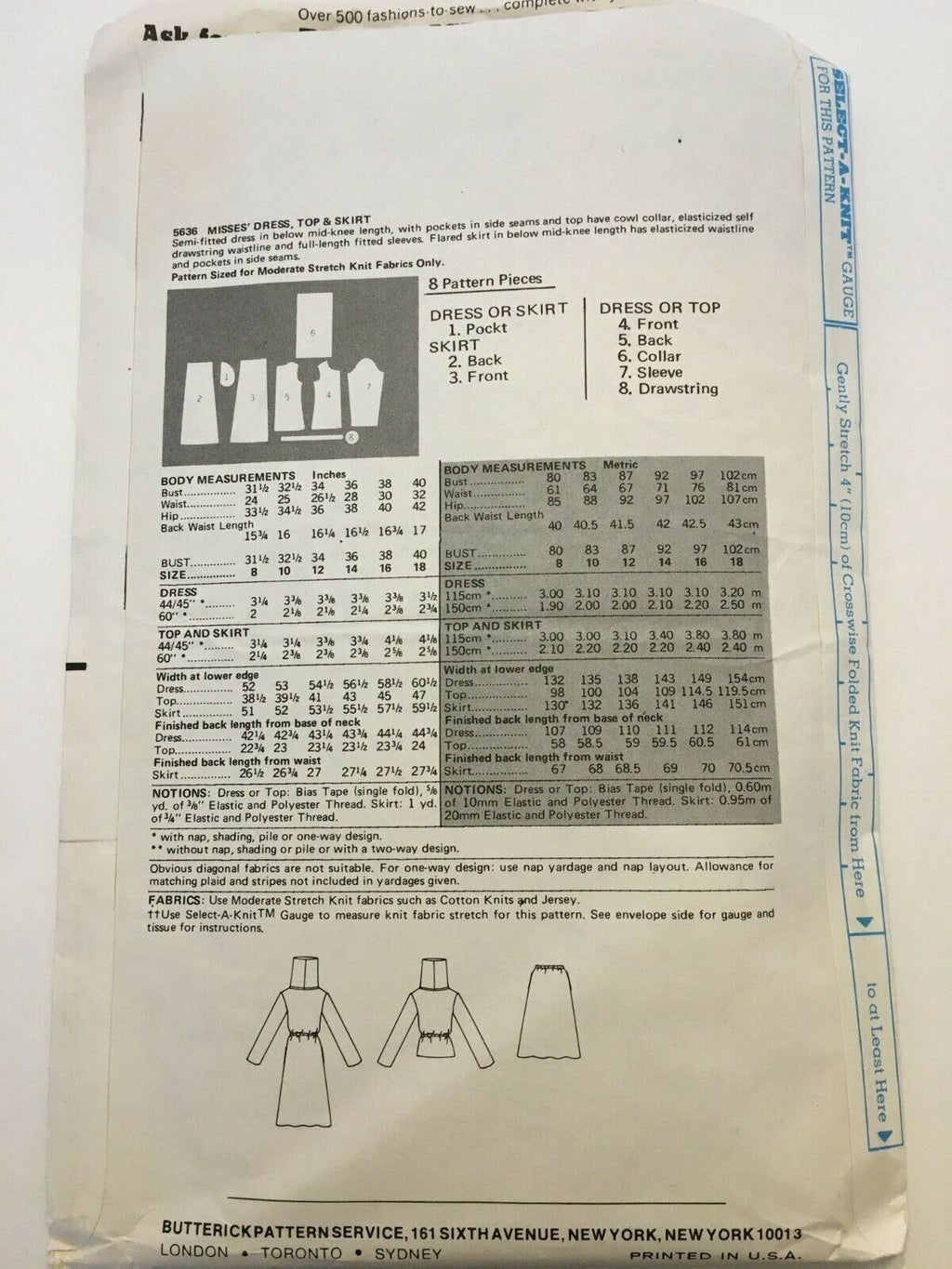 Butterick Sewing Pattern 5636 Vintage Sweater Dress Top Skirt 1970s Cowl Neck 14