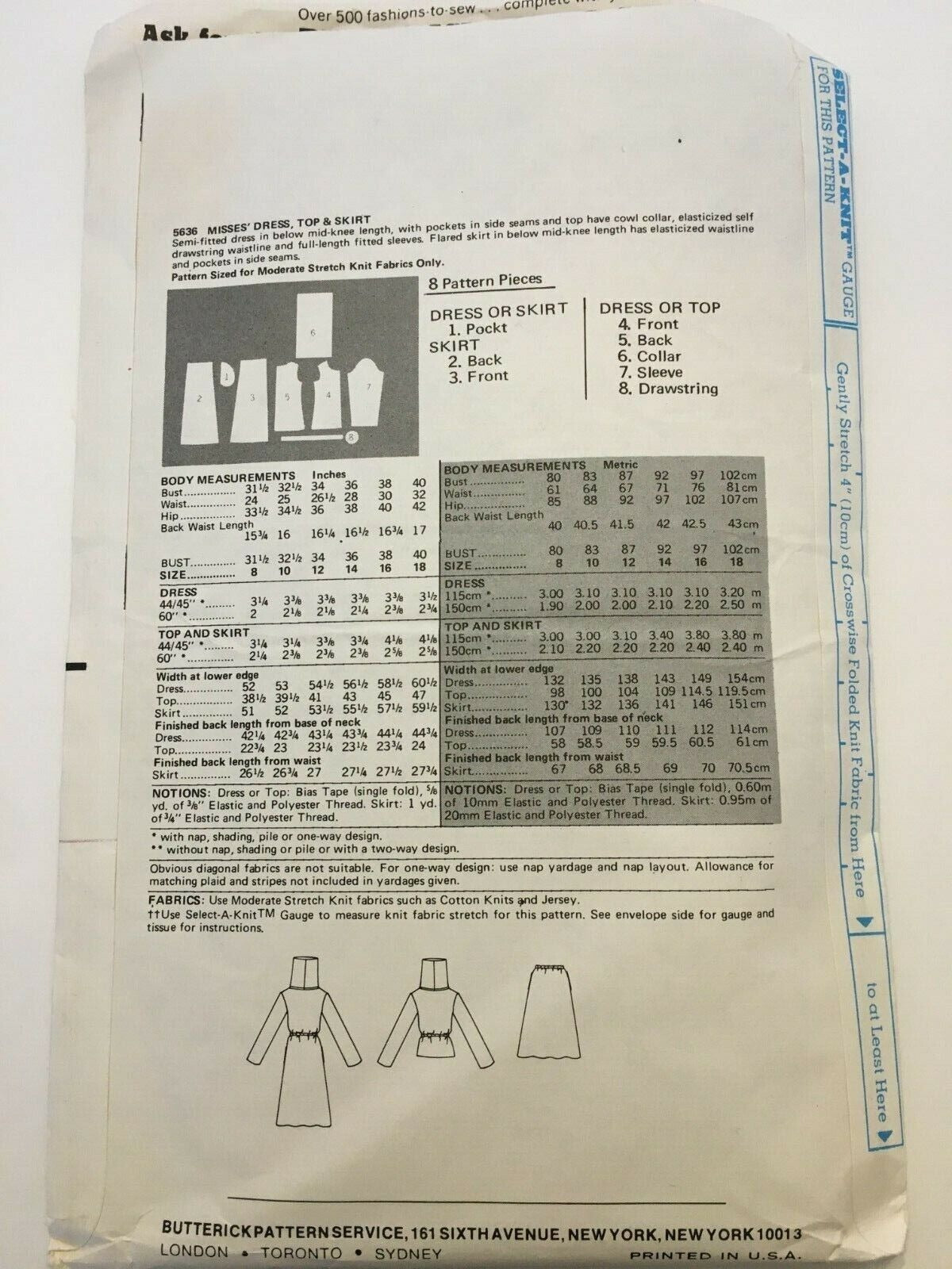 Butterick Sewing Pattern 5636 Vintage Sweater Dress Top Skirt 1970s Cowl Neck 14