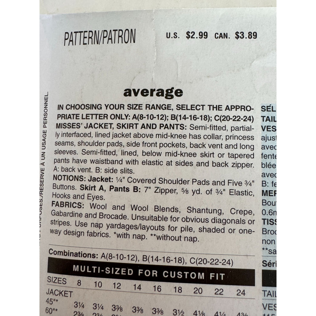 Butterick Sewing Pattern B4328 Womens Jacket Skirt Pants Suit Uncut 20-24 Easy Minimalist