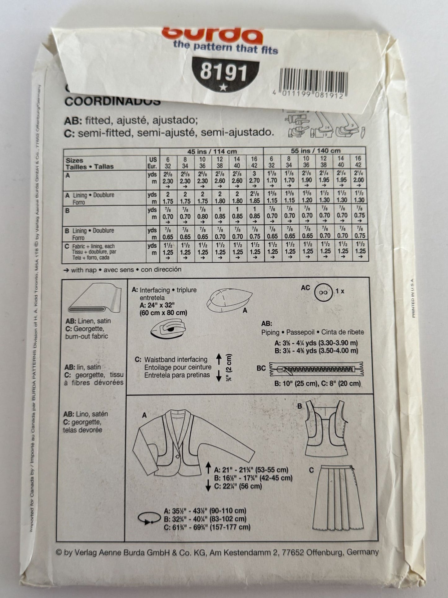 Burda Sewing Pattern 8191 Misses Coordinates Blazer Skirt Top Work Career 6-16