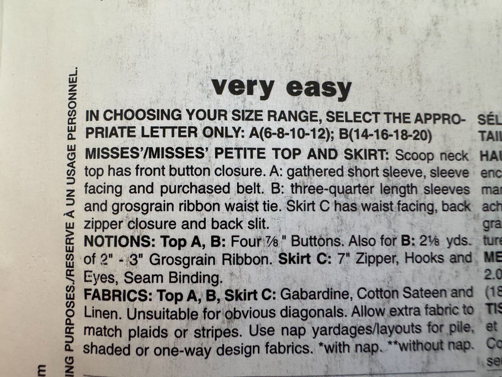 Butterick Sewing Pattern B5169 Work Top Skirt Outfit 6 8 10 12 See and Sew Uncut