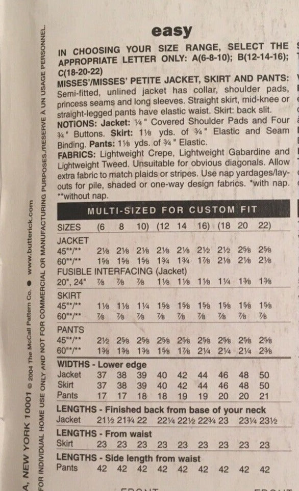 Butterick Sewing Pattern B4269 Skirt Pants Suit Capsule Wardrobe Work 12 14 16