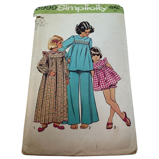 Simplicity Sewing Pattern 5999 Girls Pajamas Nightgown Vintage Peter Pan Collar