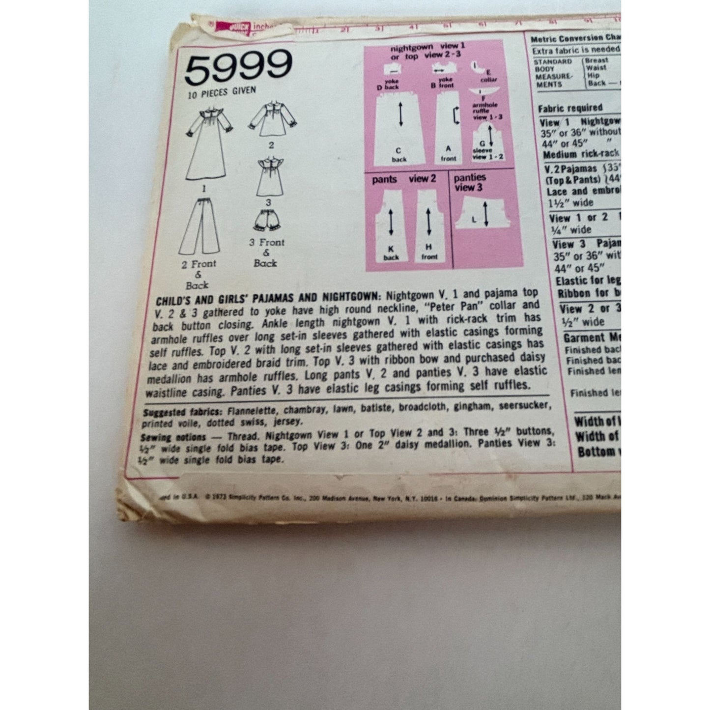 Simplicity Sewing Pattern 5999 Girls Pajamas Nightgown Vintage Peter Pan Collar