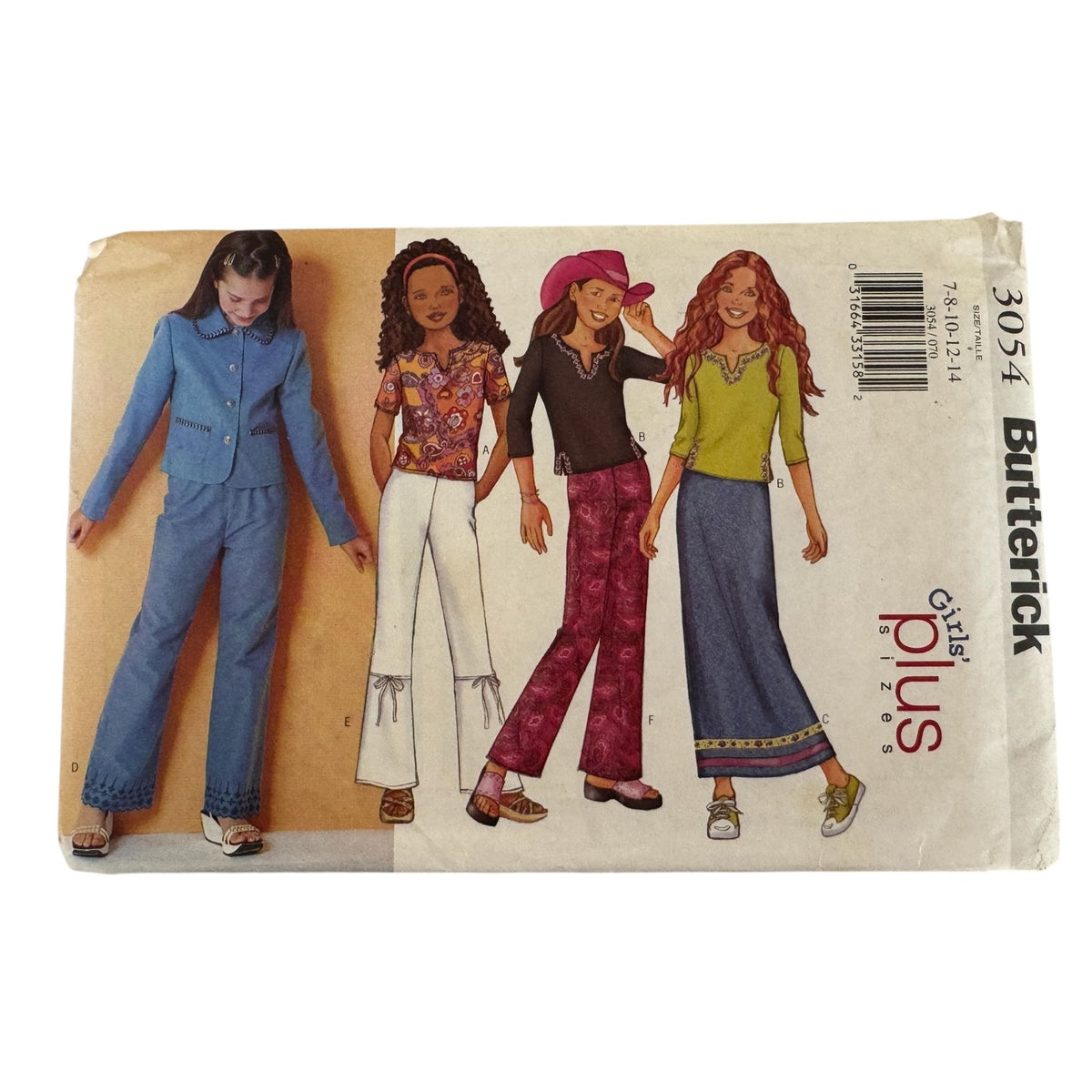 Uncut Butterick 3054 Girls Outfit Sewing Pattern Jacket Top Skirt Pants Size 7-14 Y2K