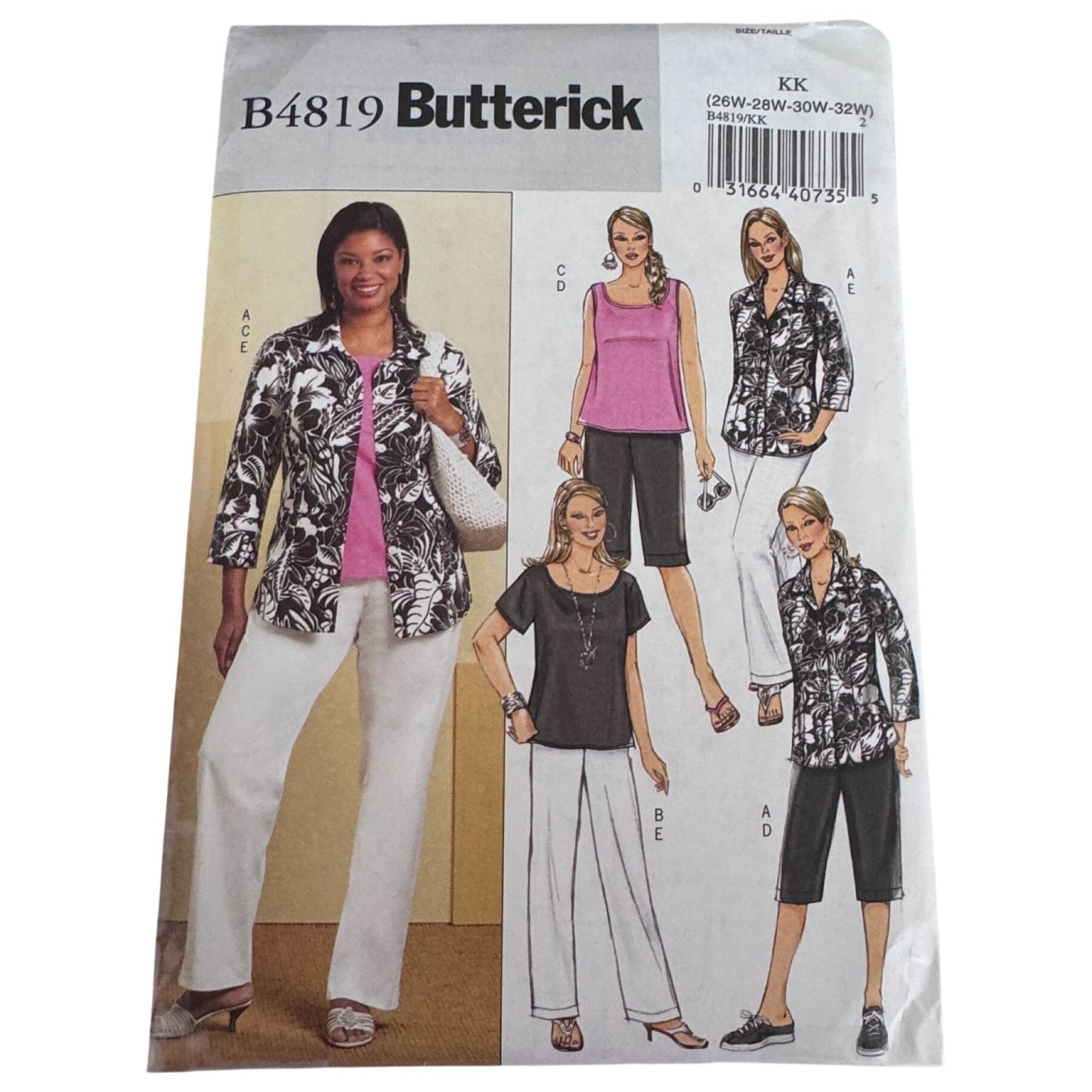 Butterick Sewing Pattern B4819 Shirt Tops Shorts Pants Easy Wardrobe 26W-32W Uncut Casual Cruise